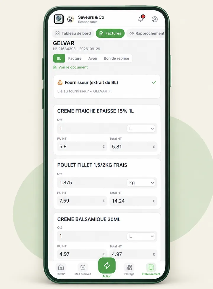 Écran Factures : un bon de livraison lu, avec ses produits, quantités et prix