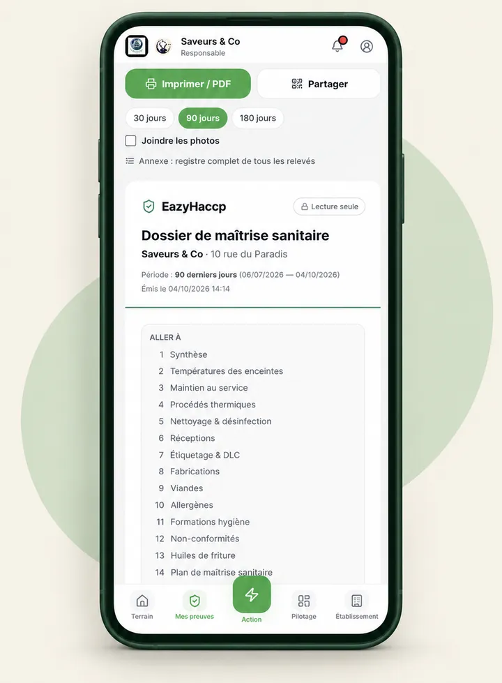 Dossier de maîtrise sanitaire en lecture seule, avec son sommaire en 14 parties